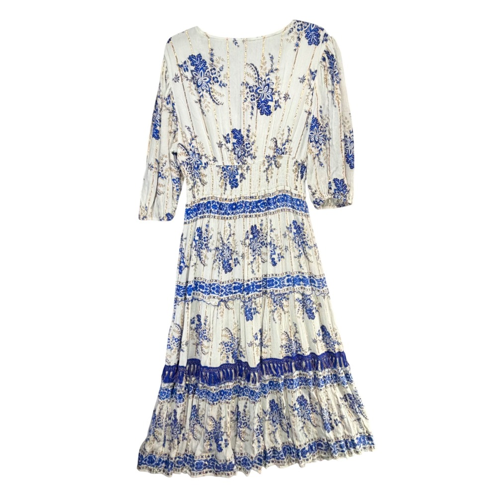 Anthropologie Me 2 Magic Tiered Dress Womens XL Blue Embroidered Tassel Tie Boho - Picture 6 of 15